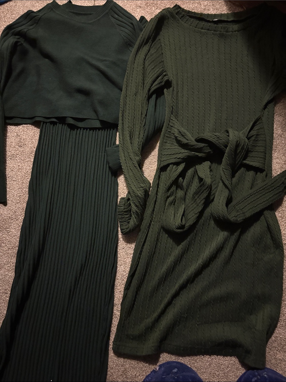2 Women’s Olive Green Knit Dresses with Tie Waist and two piece top